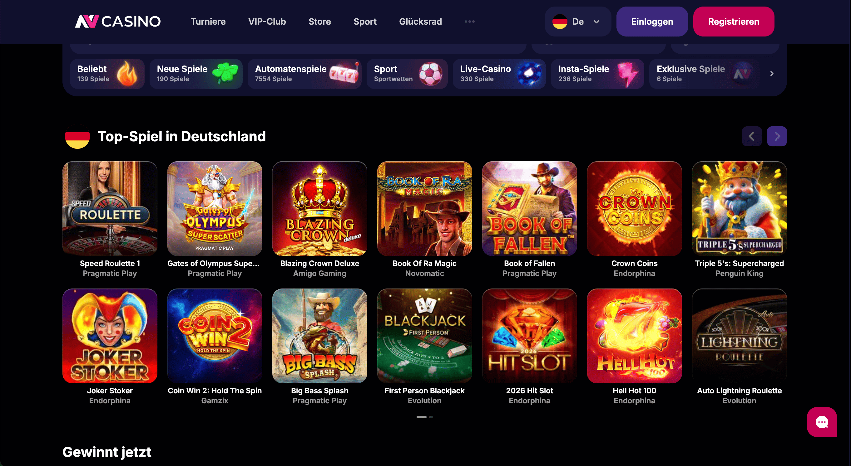 NV Casino – Screenshot mit Top-Spielen, Live-Casino und Sportwetten