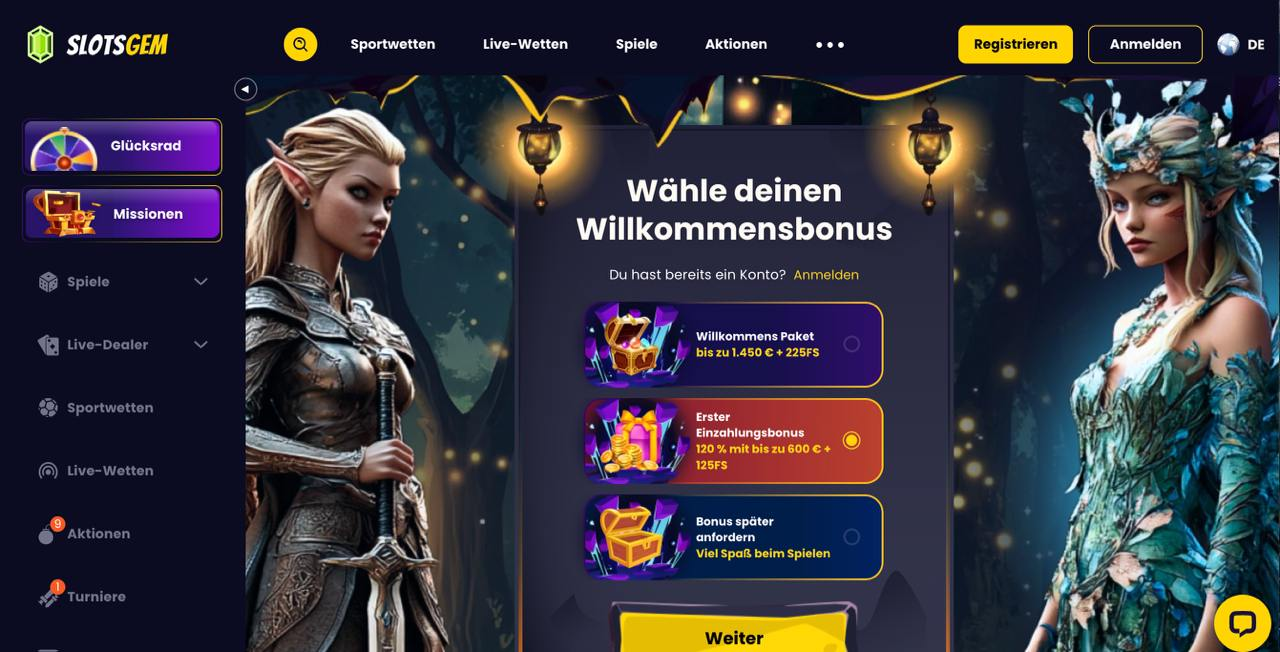 SlotsGem Casino – Screenshot mit Willkommenspaket bis zu 1450 Euro + 225 Freispielen