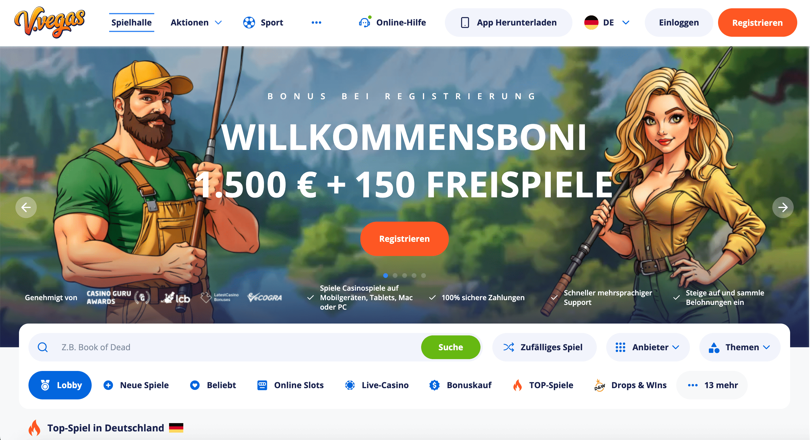 V.Vegas Casino – Screenshot mit Willkommensbonus 1500 Euro + 150 Freispiele