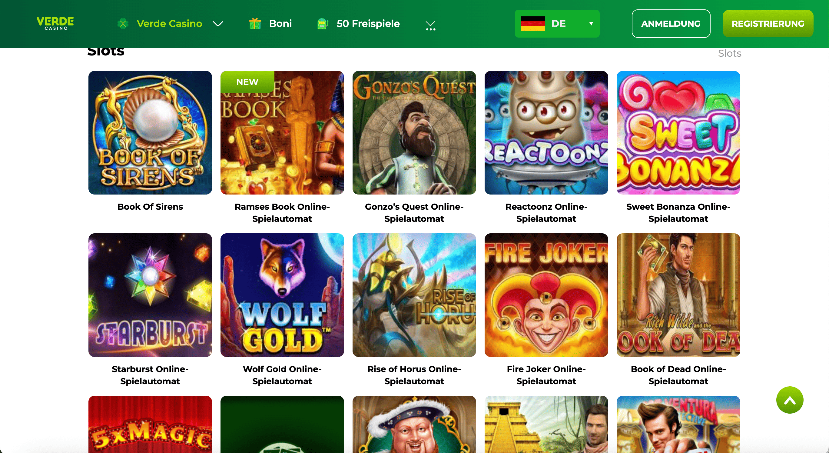 Verde Casino – Screenshot mit Slots wie Book of Sirens, Gonzo's Quest, Sweet Bonanza